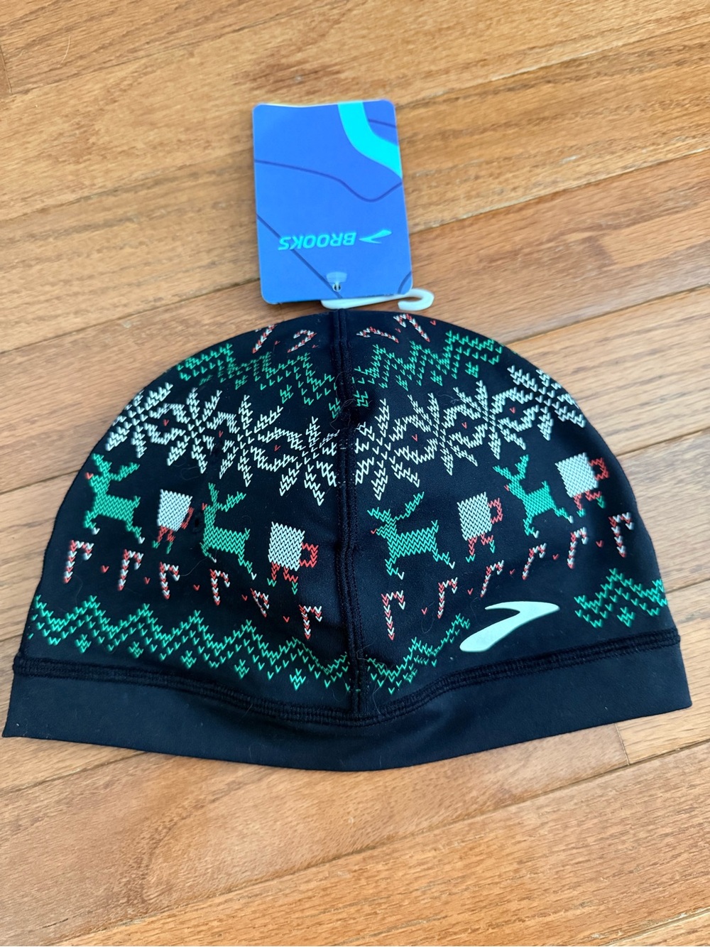 Brooks Black Knit Beanie with Green & Red Accents